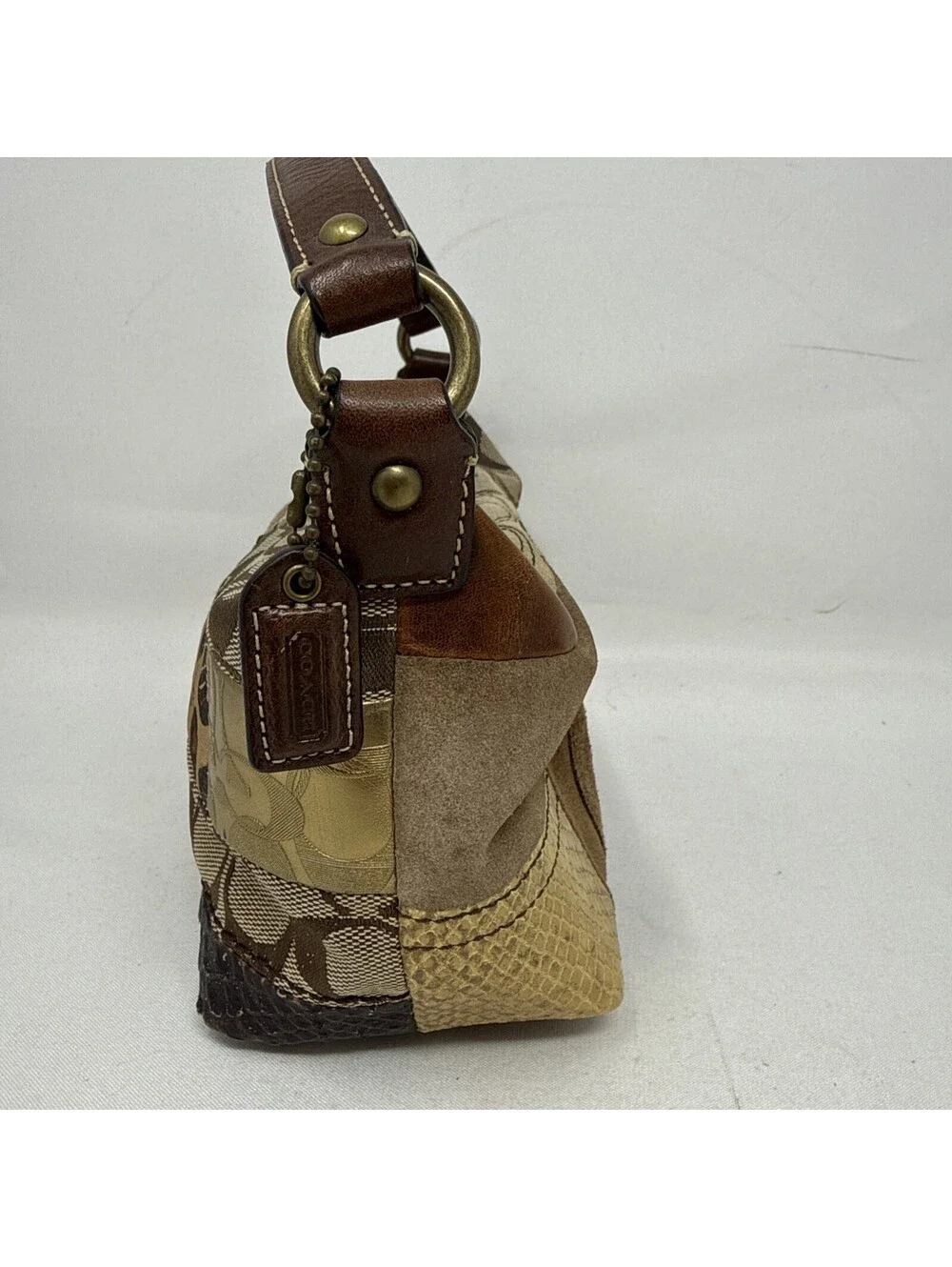 Coach Patchwork Shoulder Bag Brown Signature Leopard Y2K Mini Hobo Purse